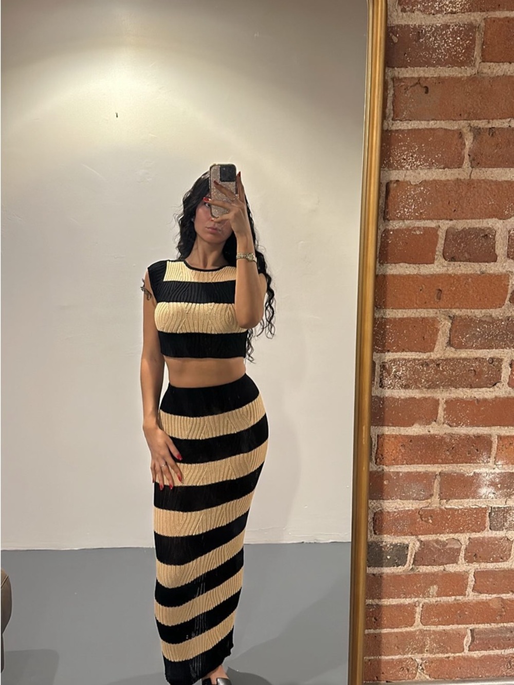 **SOLD** Fashion Nova Black & Cream Striped Knit Maxi Skirt
